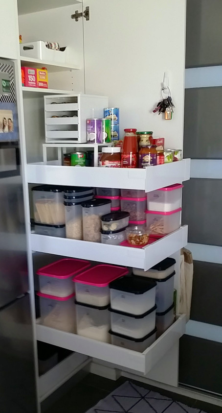 Pull out pantry inner drawers are perfect for your tuperware making it easy to see and access. Supplied and installed by Easy Access Kitchens - The pantry drawer specialists